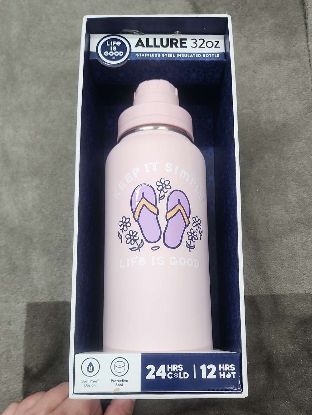 Life Is Good Allure 32oz Insulated Bottle in Light Pink with Purple Design